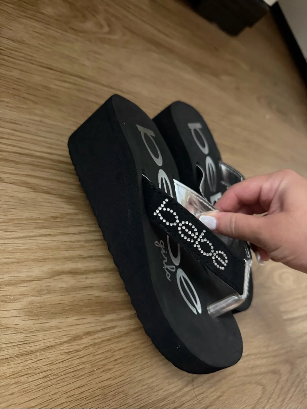 bebe Black Flip Flops with Silver Accents and Rhinestones